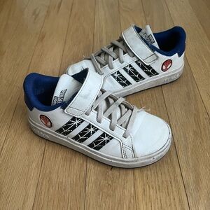 adidas Kids Spidey White and Black Sneakers with Blue Accents
